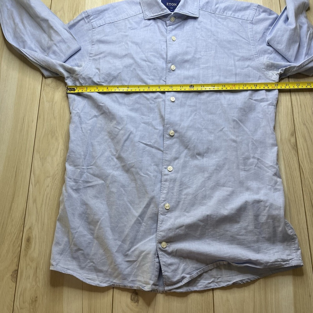 Eton Slim Casual Button Up Shirt Cotton Silk Blend Blue Mens Size Medium 15 1/2 - Picture 7 of 13